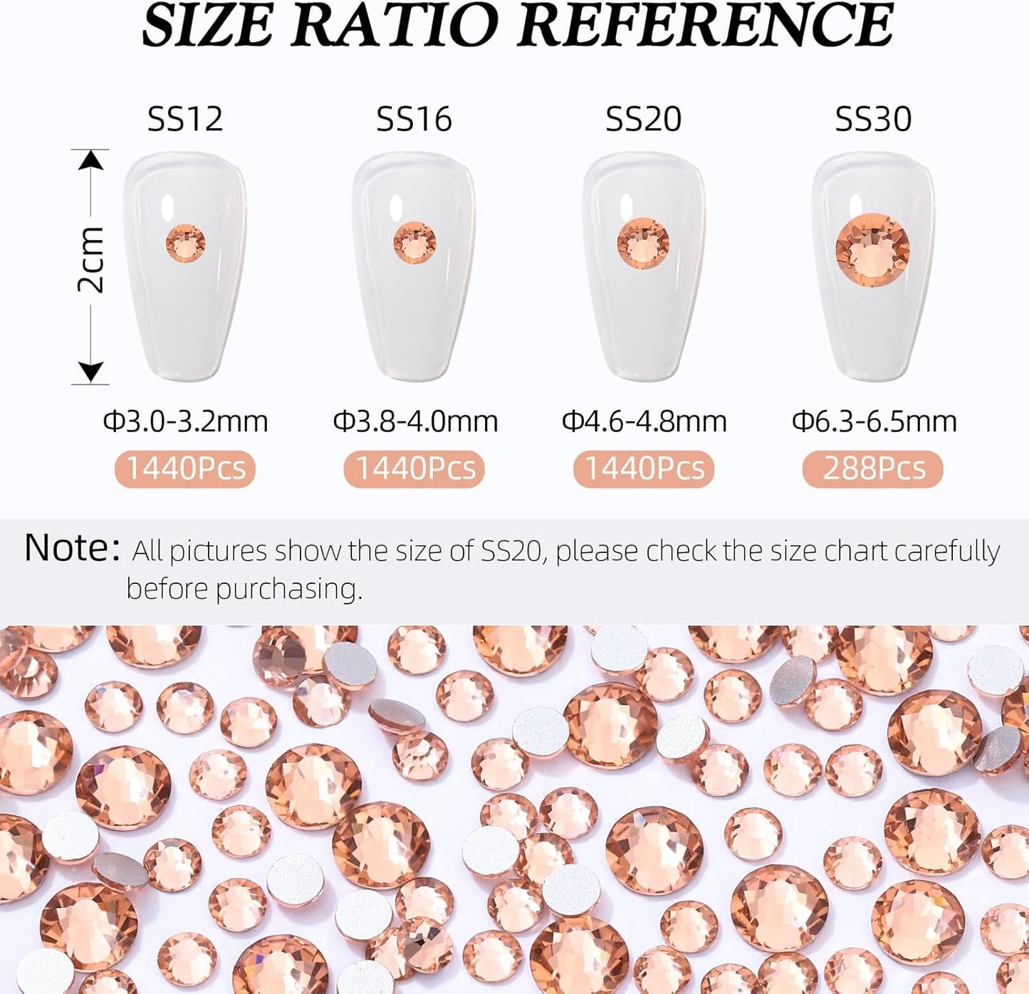 Champagne Flatback Rhinestones, Glass Rhinestones for Nail Art and Craft, Glue Fix, Loose Crystal Gemstones(Champagne, SS12, 1440pcs, 2.9-3.0mm)