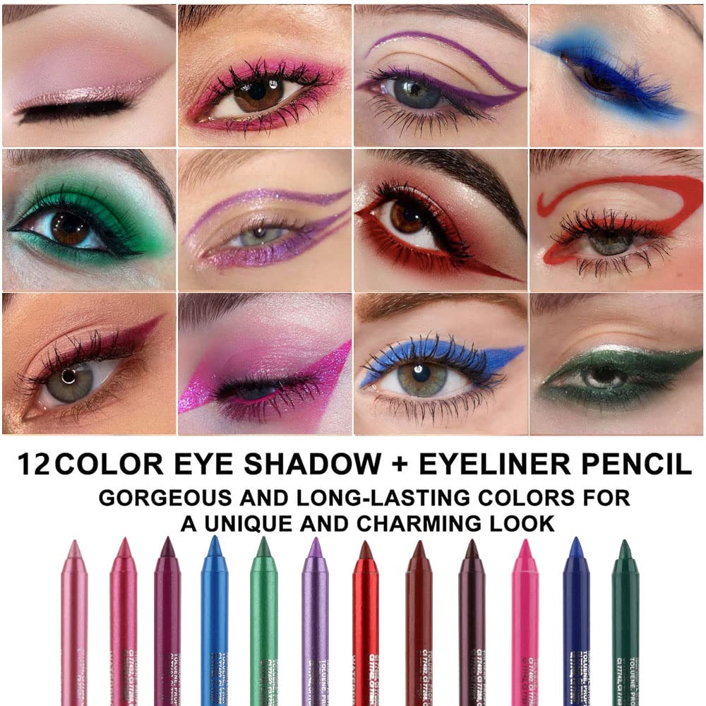 Kaely 12Pcs Glitter Gel Eyeliner Pencil Set for Women, Color Colorful Eye Liner Waterproof Smudge Proof, High Pigmented Eye Makeup Liners, lapiz de ojos delineador de ojos contra el agua, 02