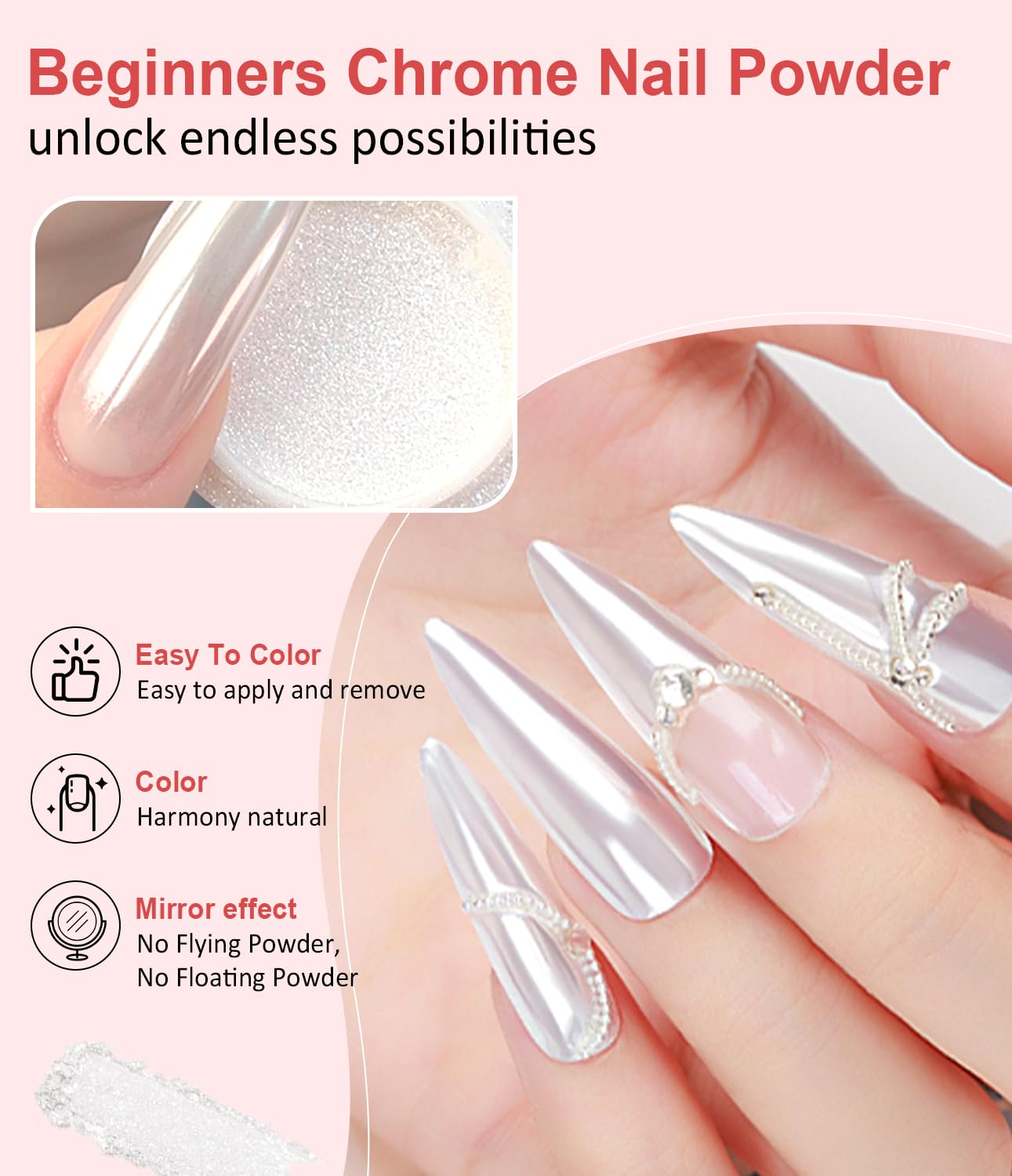 Pearl Chrome Nail Powder BISHENGYF -【Fairy Effect】 Pink Chrome Nail Powder White Pearlesent Aurora Mermaid Iridescent Nail Chrome Powder, Metallic Mirror Glitter Pigment Dust for Nail Art DIY 2PCS