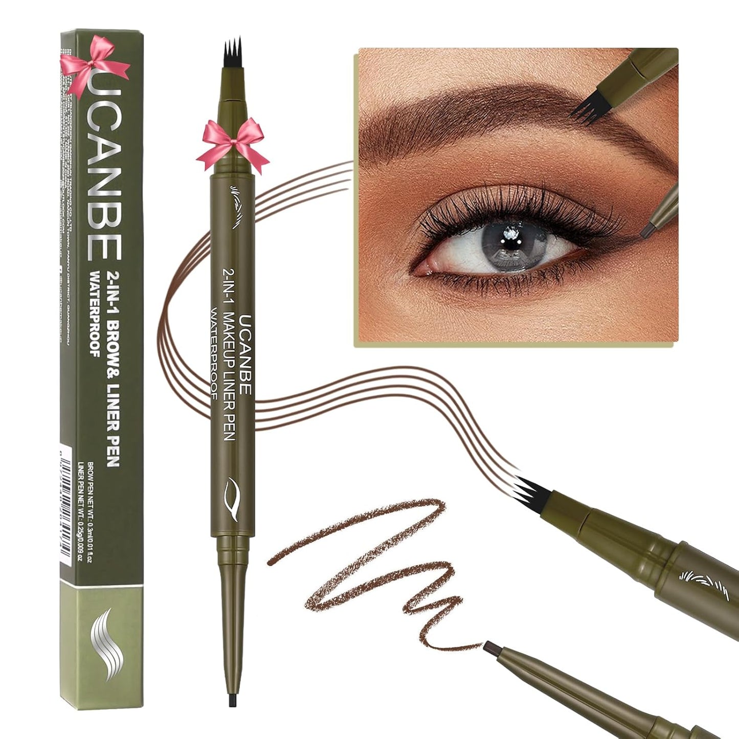 UCANBE Eyebrow Pen, Dual-Ended Eyebrow Pencil with 4-Fork-Tip & Gel Eyeliner for Women, Eye Brow Pen with Gel Eyeliner Pencil, Microblading Eyebrow Pencils with Hair Like Strokes, Dark Brown