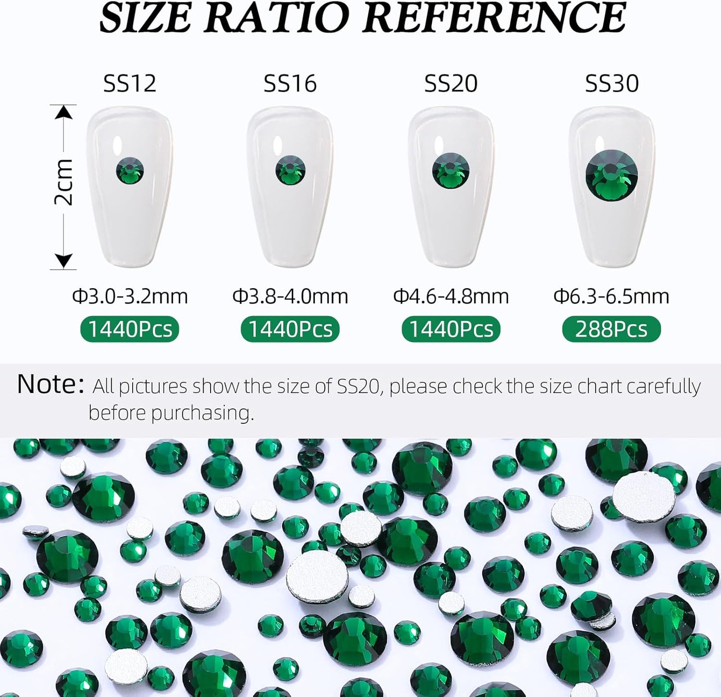 Green Flatback Rhinestones, Glass Rhinestones for Nail Art and Craft, Glue Fix, Loose Crystal Gemstones(Green, SS20, 2880pcs, 4.6-4.8mm)