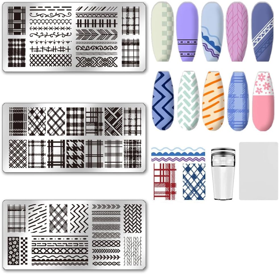 UNICRAFTALE 3Pcs Nail Stamp Plates Set Lattice Texture Nail Stamping Plate Texture Image Nail Stencils Plaid Argyle Pattern Nail Art Stamping Template with Nail Scraper for Women Nail Design Tools