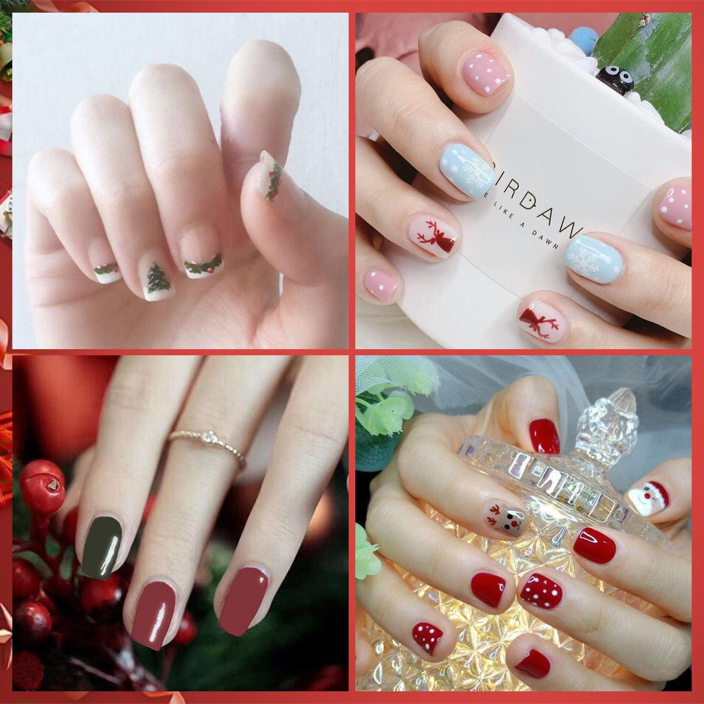 WOKOTO 20pcs Christmas Nail Polish Stickers - Full Nail Wraps, Holiday Nail Art Strips with 280 Tips - Christmas Tree, Socks, Elk, Snow Designs Stickers for Women Girls Nails Gel Strips Wraps