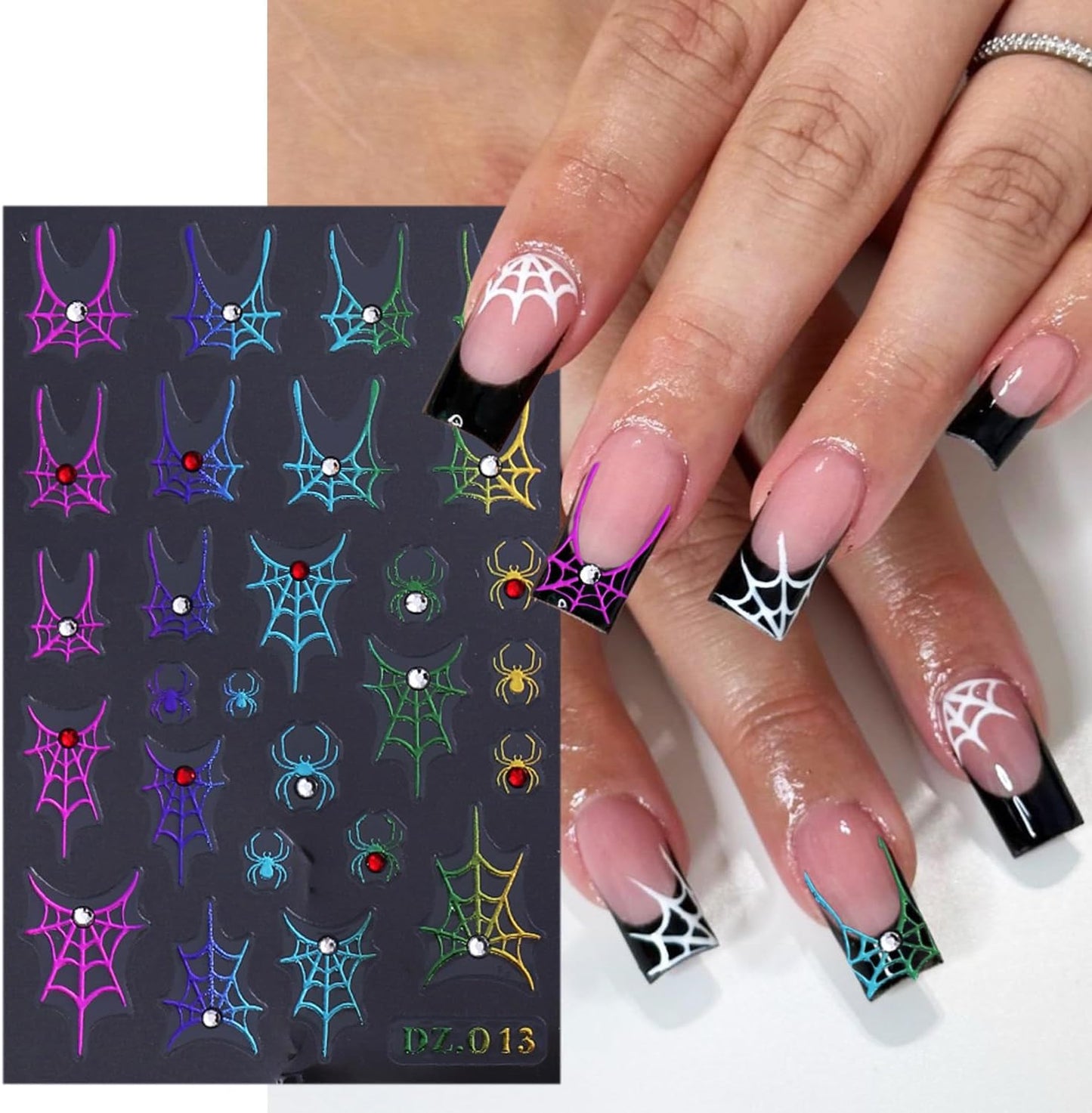3 Sheets Spider Web Nail Stickers for Nail Art Gold Silver Halloween Nail Art Stickers Holographic Laser Spider Nail Decals With Diamond Designs 5D Self-Adhesive Scary Halloween Nail Sticker for Women