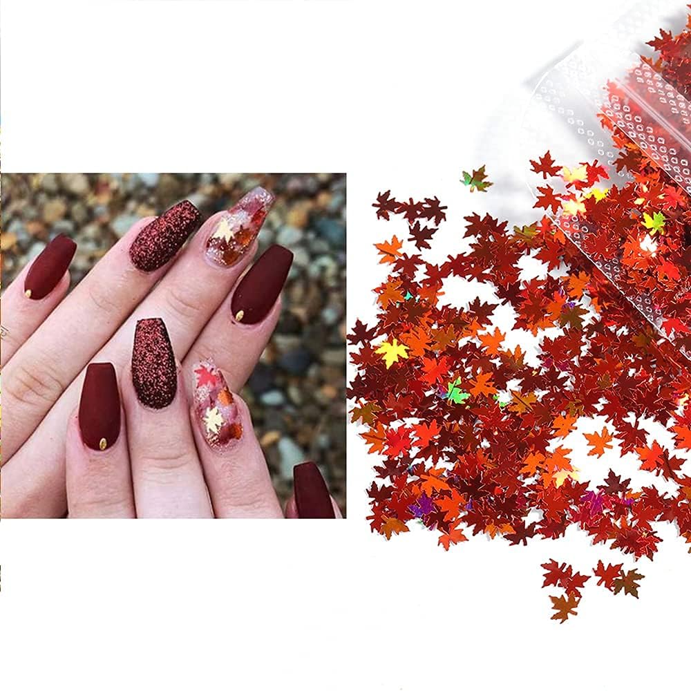 5 Bags Fall Holographic Nail Art Maple Leaf Sequins Glitters, Nails Decorations Supply Gel Polish Manicure Tips Accessories Autumn Maple Leaves Nail Design Glitter Flakes Set