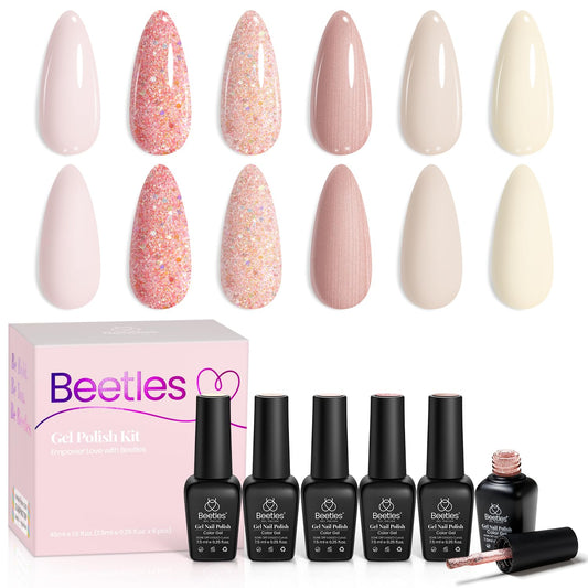 beetles Gel Nail Polish 6 Colors, Pink Champagne Glitter Gel Nail Kit Old Money Collection Nude Pink Cream Color Soak Off UV LED Nail Polish Manicure Kit for Women Girls Back to School Nails