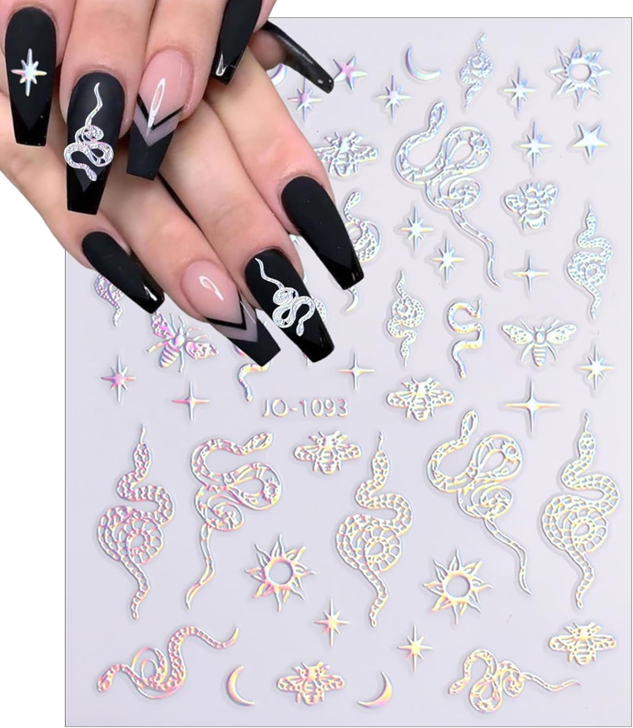 5 Sheets Aurora Silver Snake Nail Art Stickers 3D Self-Adhesive Laser Nail Decals Stars Sun Moon Line Holographic Designs Nail Stickers for Women Girls DIY Manicure Supplies
