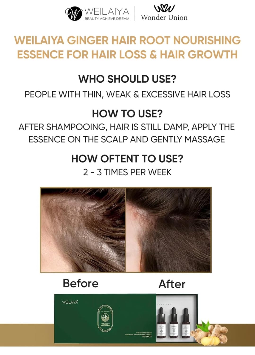 Weilaiya Ginger Hair Root Nourishing Essence Prevent Hair Loss Stimulate Hair Growth Concentration Serum (8 tubes/pack) unisex for both men and women