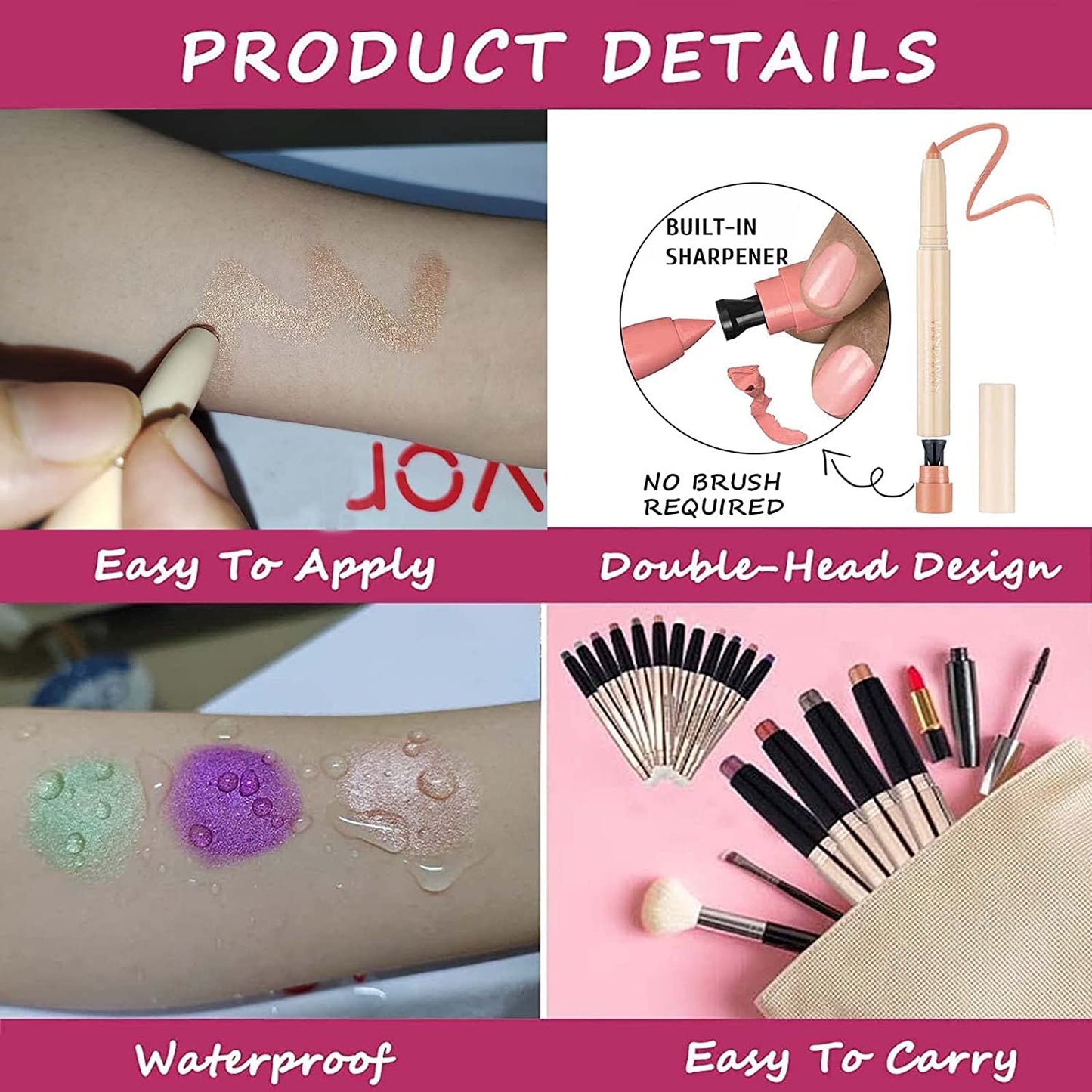 Pink Matte Eyeshadow Pencil, Waterproof Long Lasting Eye Shadow, High Pigment Hypoallergenic Highlighter Stick - Create Multi-Dimensional Eyes Look (05# Pink Matte)