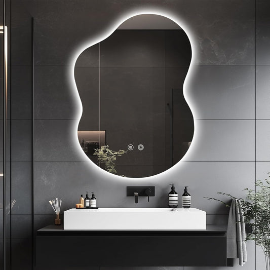 30"x22" Irregular LED Bathroom Mirror with Front & Backlight, Anti-Fog, Dimmable, 3 Color Modes, Wall-Mounted [Horizontal/Vertical]