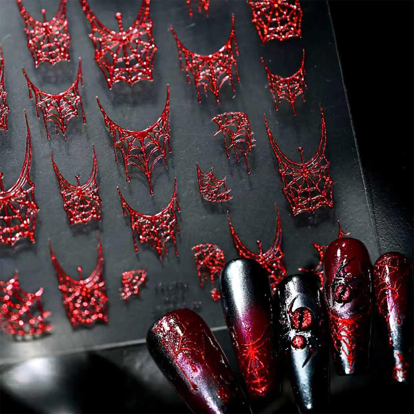 1 Sheets Halloween Nail Stickers for Nail Art 5D Self-Adhesive Spider Web Nail Art Stickers Red Spider Web Nail Decals Halloween Embossed Nail Design Sticker for Women DIY Nail Decoration