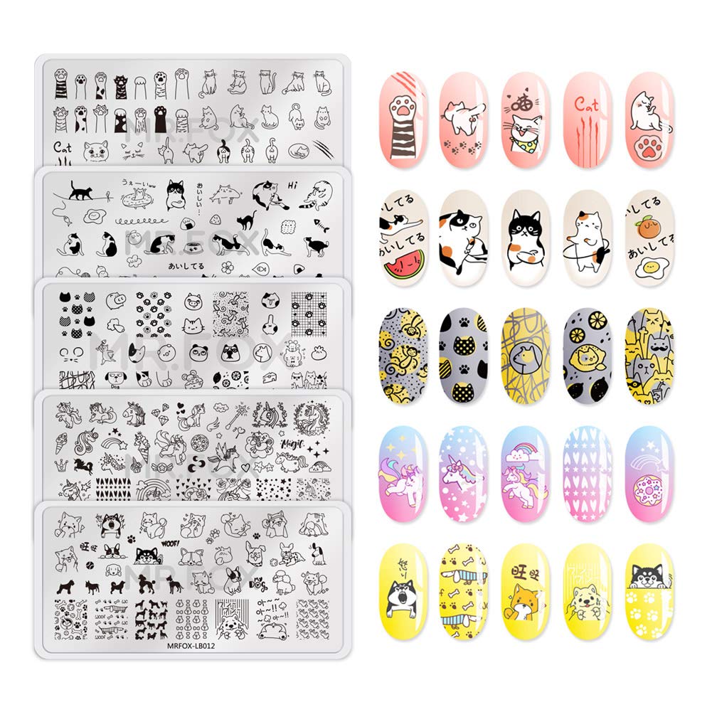 MR.FOX 5 pcs Nail Printing Board Set a Variety of cat Claws Kittens Puppies Unicorns and Other Patterns Art DIY Stamping templates