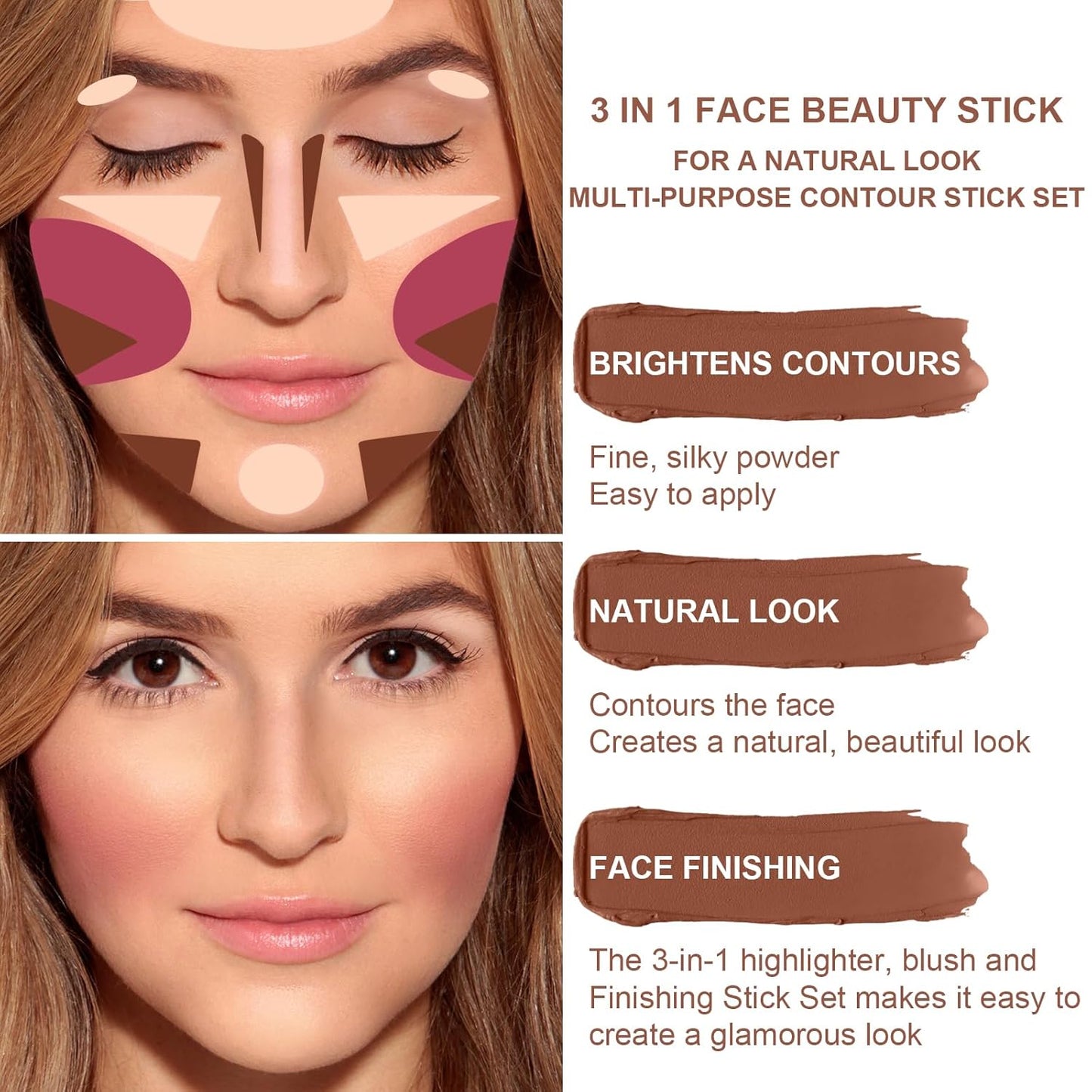 3 Colors Cream Contour Stick, Shades with Highlighter Stick,Blush Stick and Bronzer Contour Stick for Sculpt the Cheeks,Long Lasting,Waterproof,Matte & Dewy Finish for Women (LIGHT FAIR(8+10+12))