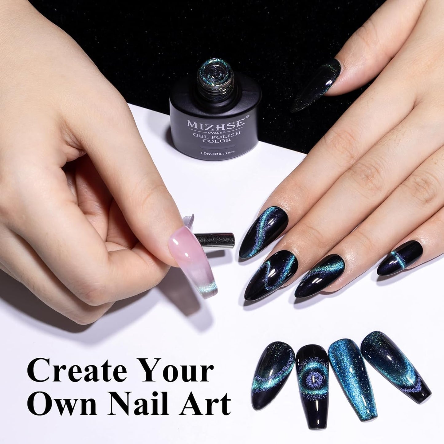 MIZHSE 9D Cat Eye Gel Nail Polish, Dual Colors Blue & Purple Magnetic Gel Polish with Magnet Stick, Magic Chameleon Galaxy Effect Holographic Glitter Silky Cat Eye Nail Polish Soak Off Nail Art Salon