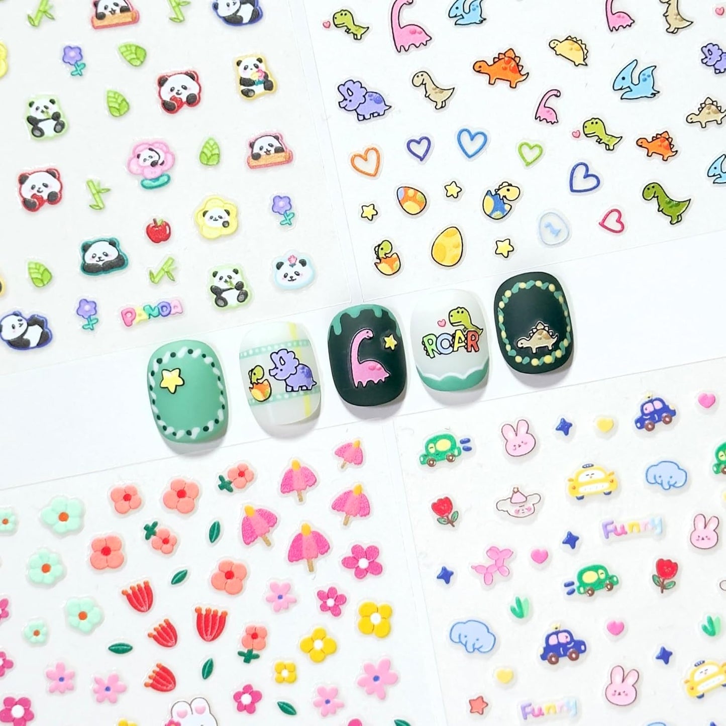 4 Sheets of 3D Nail Stickers - 292 Cute Nail Decals - Embossed Nail Stickers for Kids | Kawaii Theme - Flowers, Hearts, Bunny, Panda, Dinosaurs | Glow in The Dark