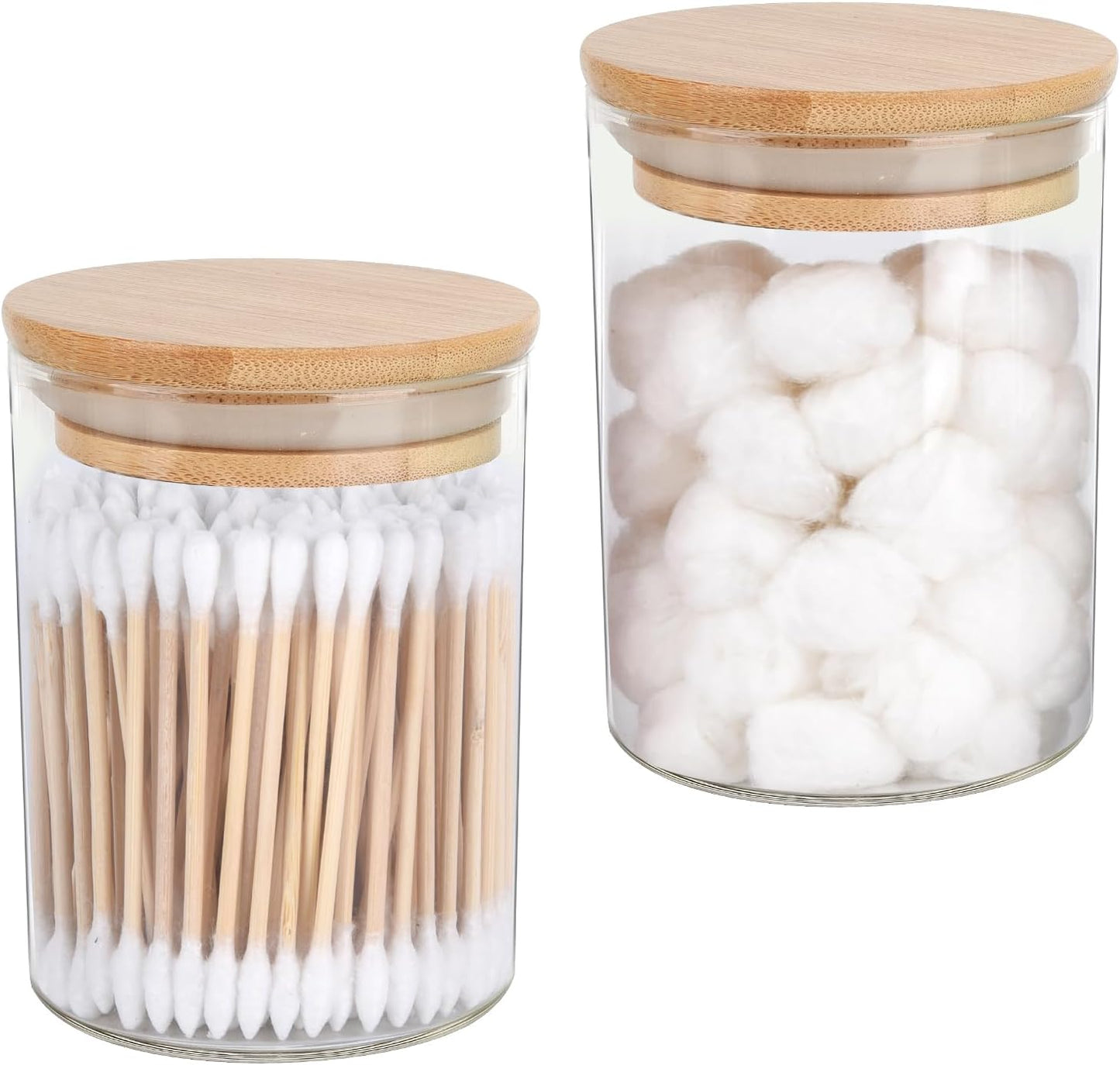 2 Pack Glass Qtip Holder Dispenser Set - Apothecary Jars with Lids for Vanity Makeup Organizer - Bathroom Canister Storage Organizer for Cotton Ball, Swab, Round Pads,Floss