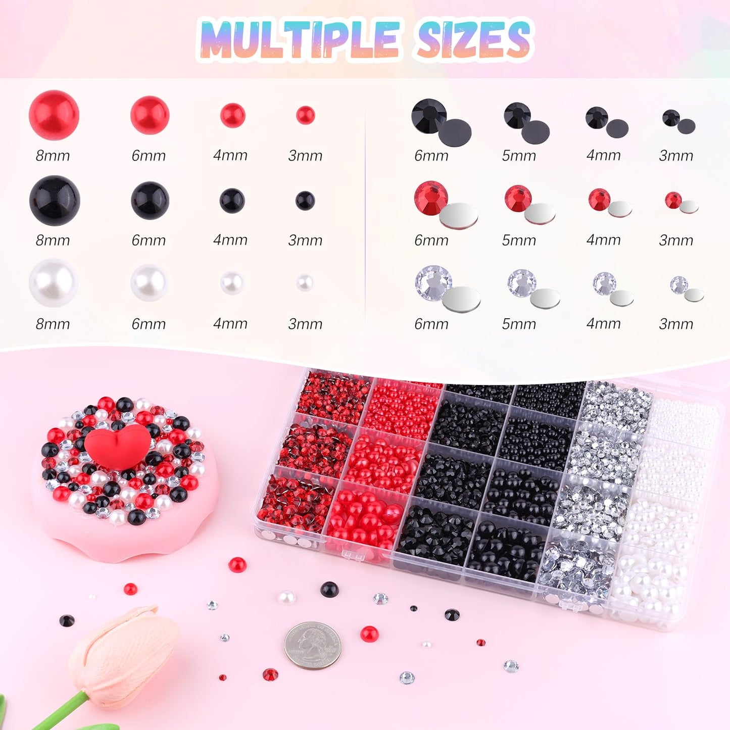 9000Pcs Flatback Pearls and Rhinestones for Crafting, Red White Black Mixed Size 3-8mm Resin Rhinestones and Half Pearls for Bedazzling, Nail Art and Decoration with 3pcs B7000 Jewelry Glue