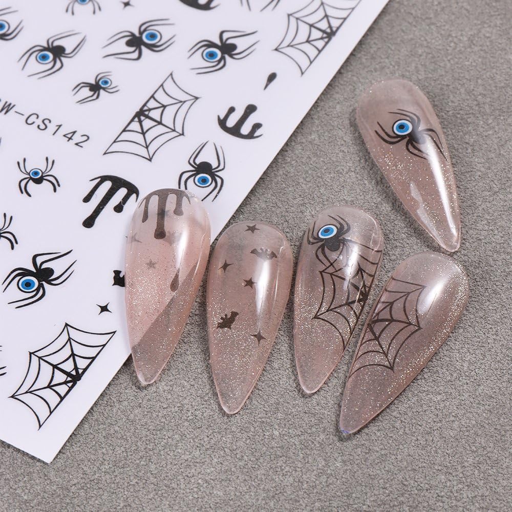 Halloween Nails Stickers Black Spider Nails Sticker 3D Embossed Black Web with Blood Self Adhesive Sticker Nail Decals Red Black Nail Art Decal Halloween Decals for Nail DIY Manicure 4Sheet