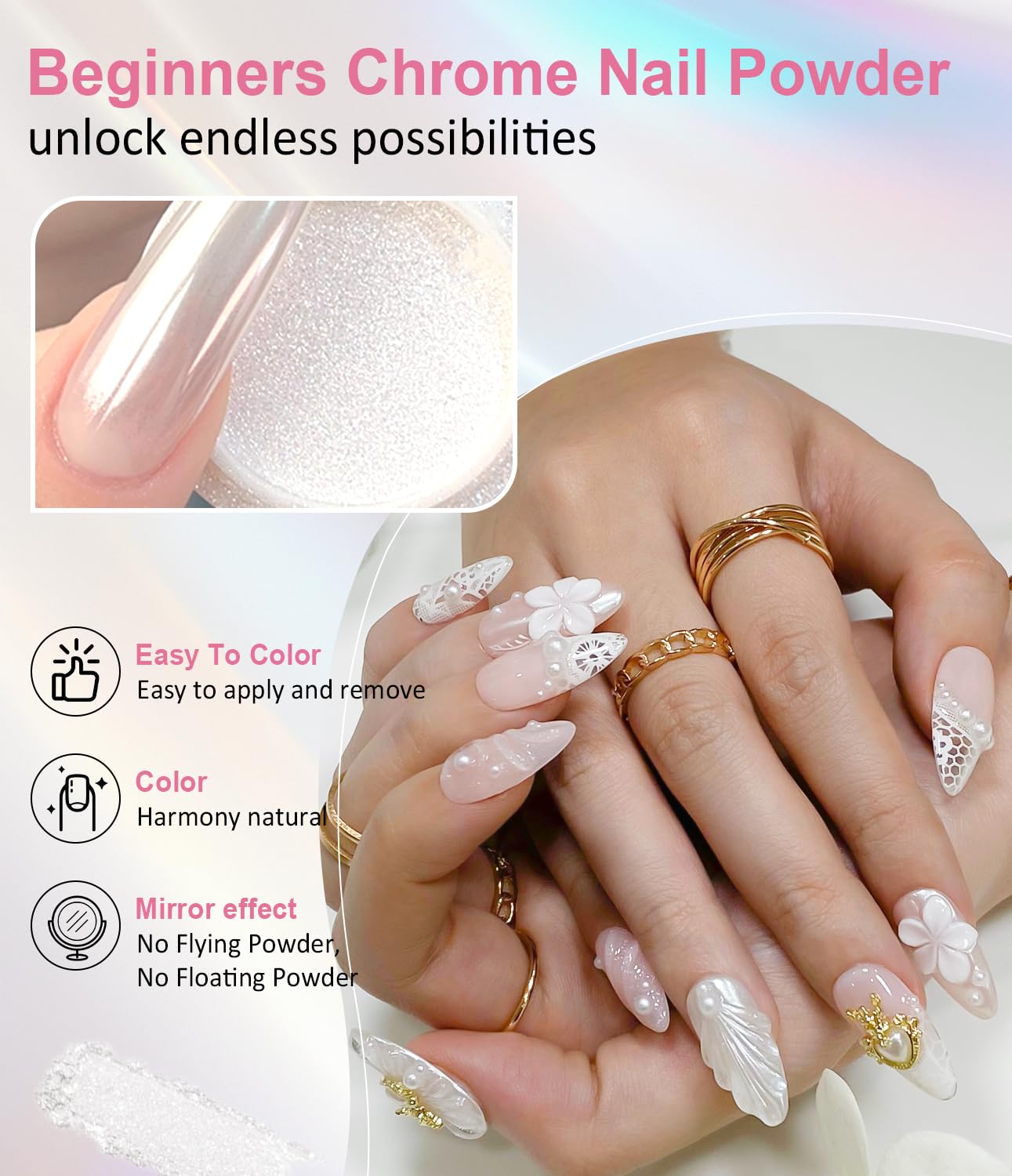 Pearl Chrome Nail Powder BISHENGYF -【Fairy Effect】Pink Chrome Nail Powder White Aurora Yellow Mermaid Iridescent Nail Chrome Powder Metallic Mirror Glitter Pigment Dust For Nail Art Decroation DIY