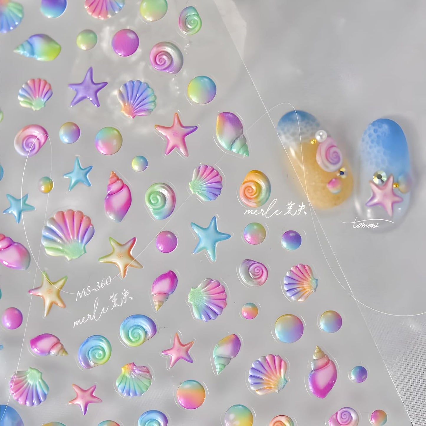 2 Sheets Starfish Nail Stickers - 5D Embossed Self-Adhesive Decals for Summer Nail Art - Colorful Beach Shell Design Supplies Decoration for Women and Girls