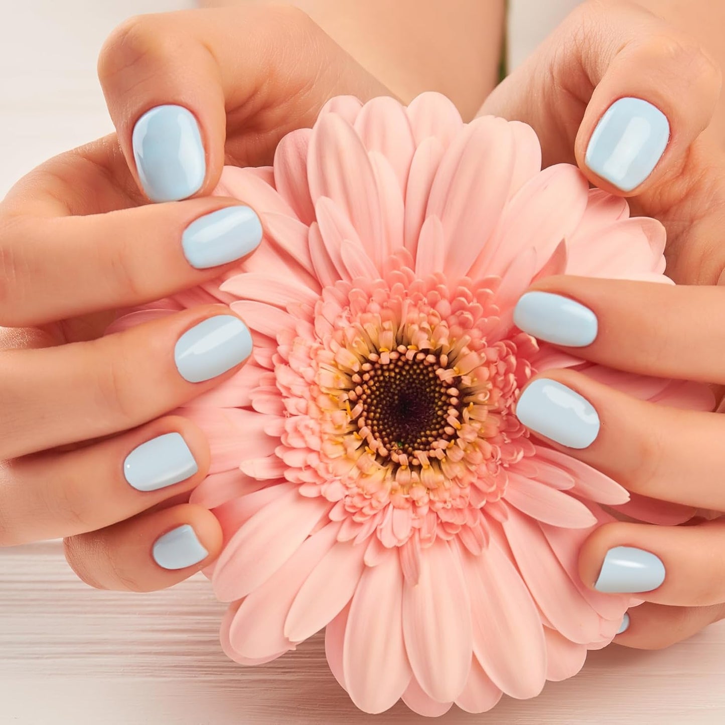 Semi Cured Gel Nail Strips-Natural Looking False Nails, Glue on Nails Full Cover for Daily Use & Homemakers Works with Any UV/LED Lamps(Sky Blue)