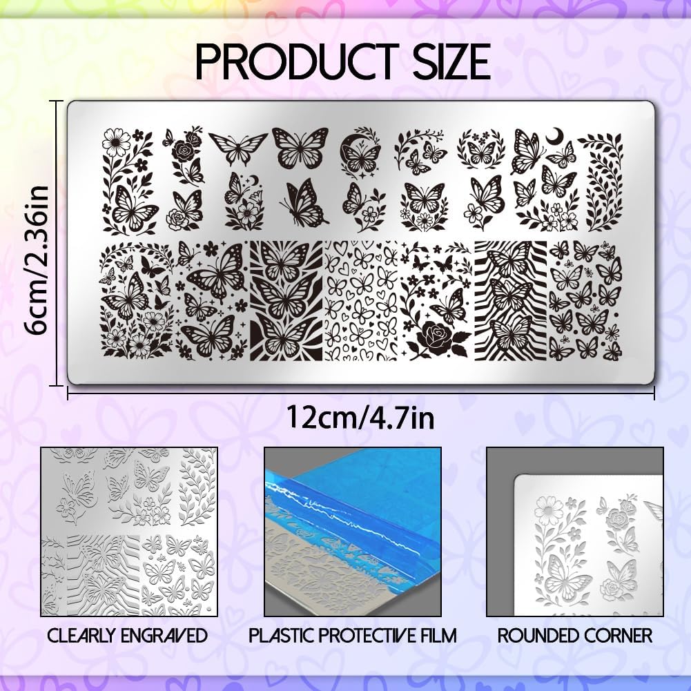 UNICRAFTALE 5Pcs Butterfly Flower Reusable Nail Stamp Flames Nail Stamping Kit Abstract Textures French Tip Nails Stamp Star Stainless Steel Nails Stamping Plates for Women Gift 12x6cm