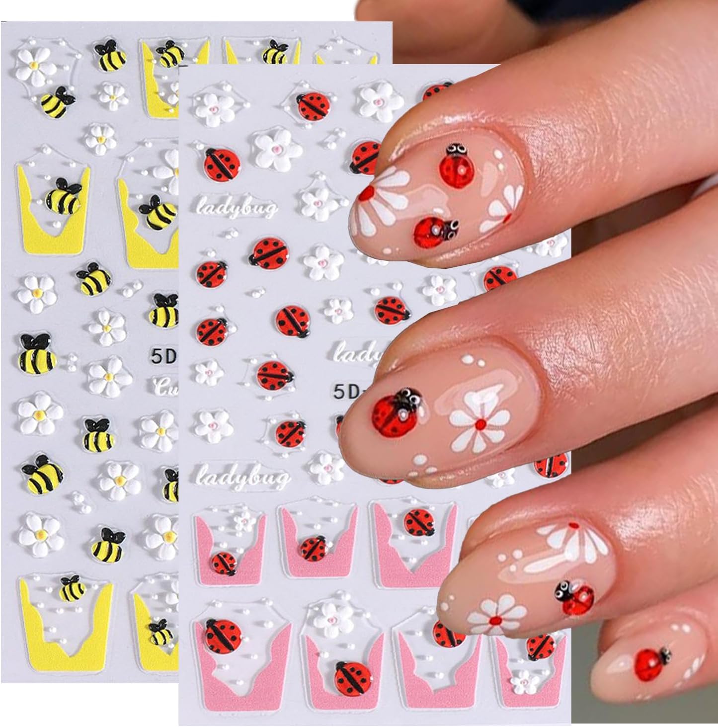 Flower Nail Sticker French Tips Nail Decals Insect Nail Art Stickers Bee Ladybug Daisy Five Petal Floral White Yellow Pink Design Cute Nails Stickers for Nails Art Summer Manicure Decor for Women