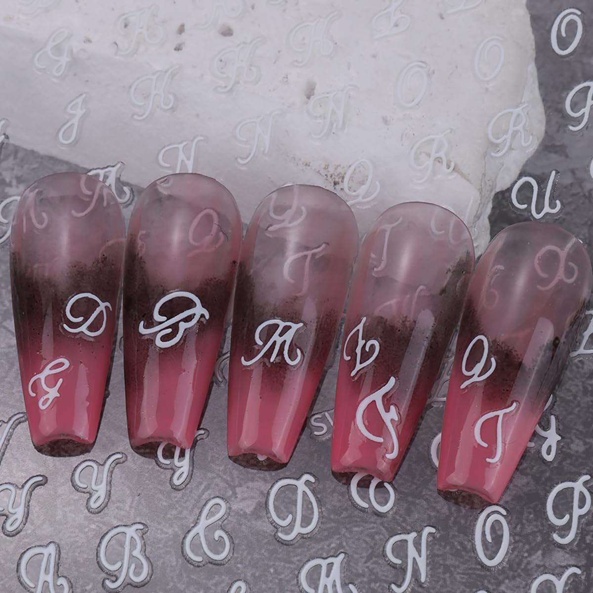 Letter Nail Art Stickers, Old English Letter Nail Art Decals 3D Self-Adhesive Gold Silver Black White Retro English Pattern Nail Design 6Pcs Nail Art Supplies for Women Nail Decoration