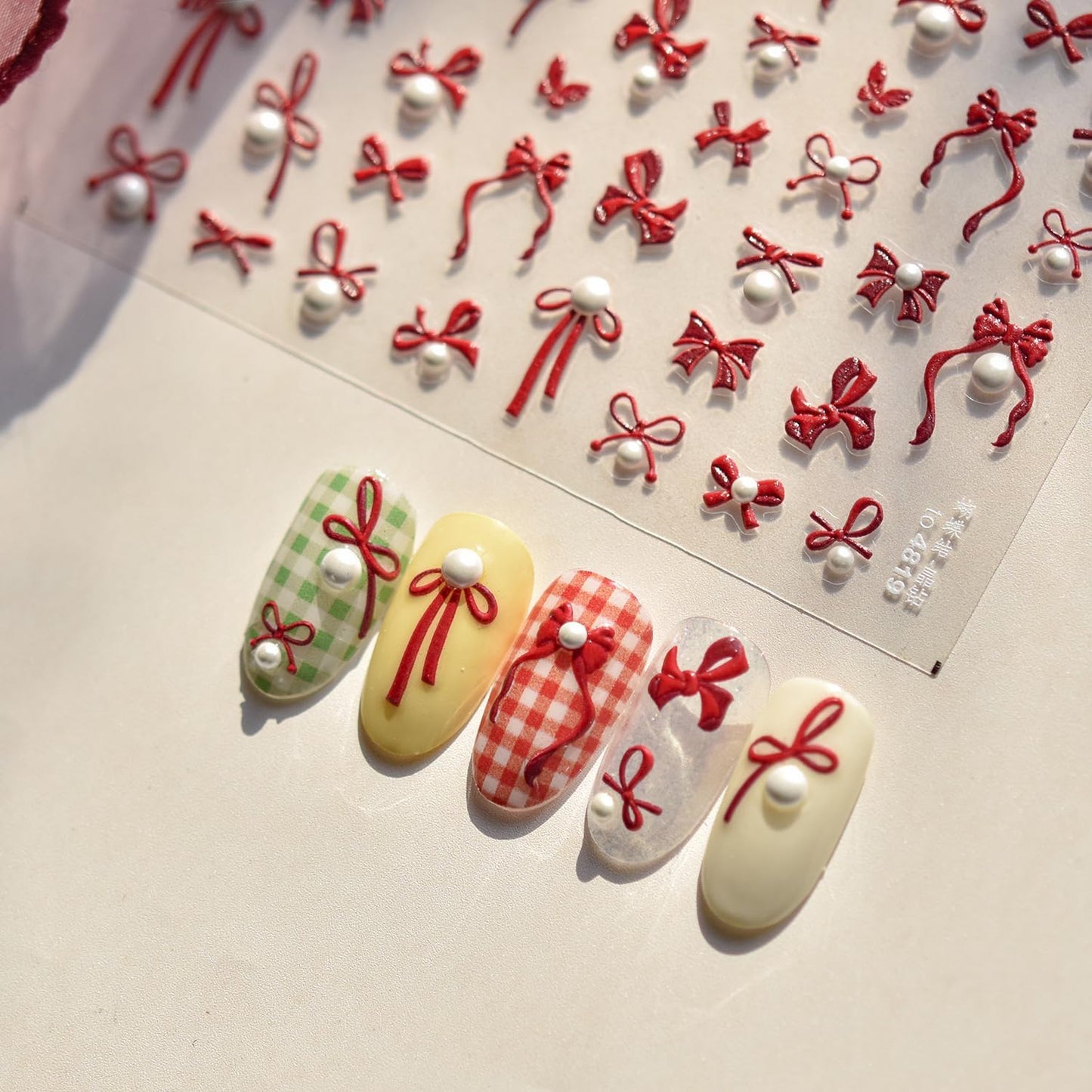 Bow Nail Art Stickers 5D Embossed Nail Decals Self Adhesive Red Nail Sticker for Nail Art Pearl Design for Women Girls Supplies Nail Art Decorations Accessories