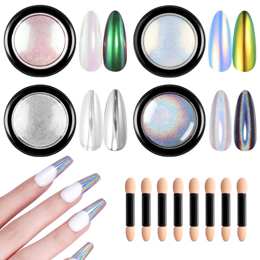Chrome Nail Powder 4 Jars【Large Capacity 1g】Metallic Mirror Pearl Holographic Pigment Powder, Chrome Powder for Nails for Manicure Nail Art Decoration Sets