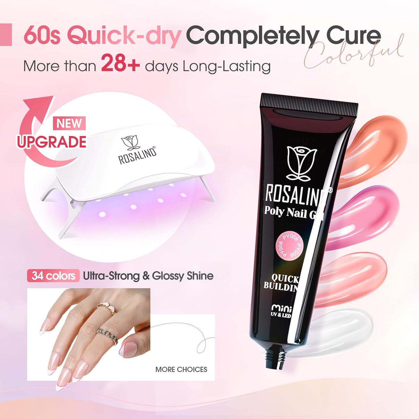 ROSALIND Poly Nail Gel Kit -34 Colors + White Brown Accessories Clear Nude Poly Nails Gel Starter Kit with Mini UV Lamp Slip Solution Nude Pink Extensions Set