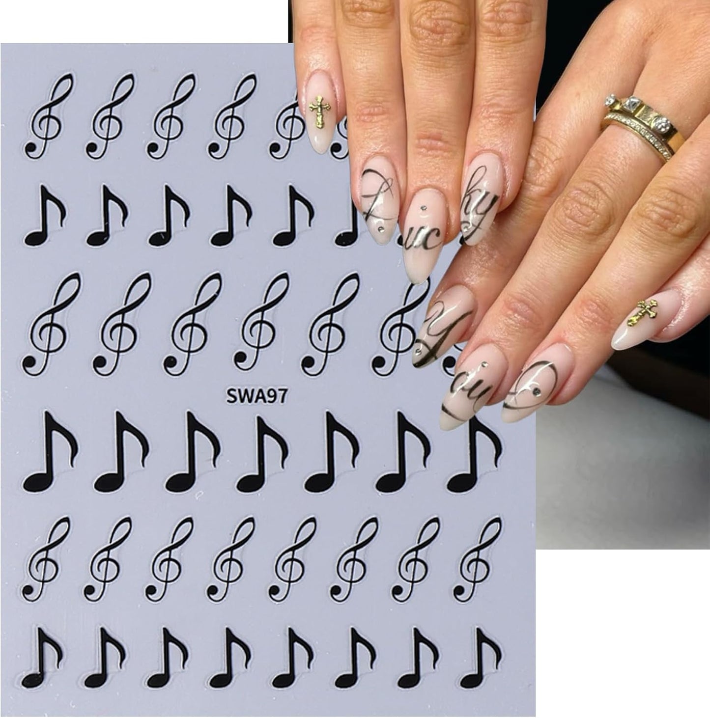 6 Sheets Gothic Nail Art Sticker Decals, Russian Letters Notes Nail Stickers Holiday Nail Decals for Nail Art Black Graffiti Style Design Nail Supplies Elegant Self Adhesive Decals for Women Decor