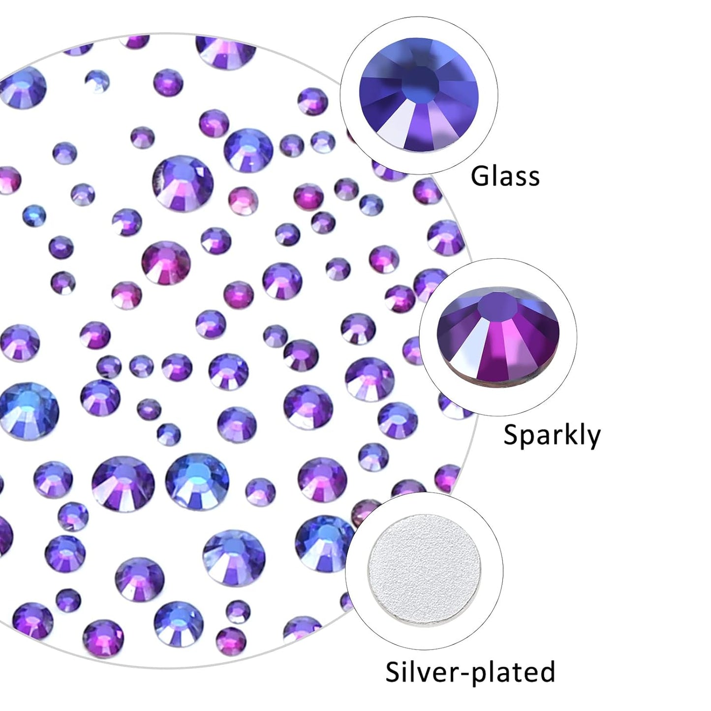 4240Pcs Purple Velvet Flatback Rhinestones 6 Sizes Crystal Diamonds for Nail Art Crafts Clothes Shoes with Tweezers and Picking Pen