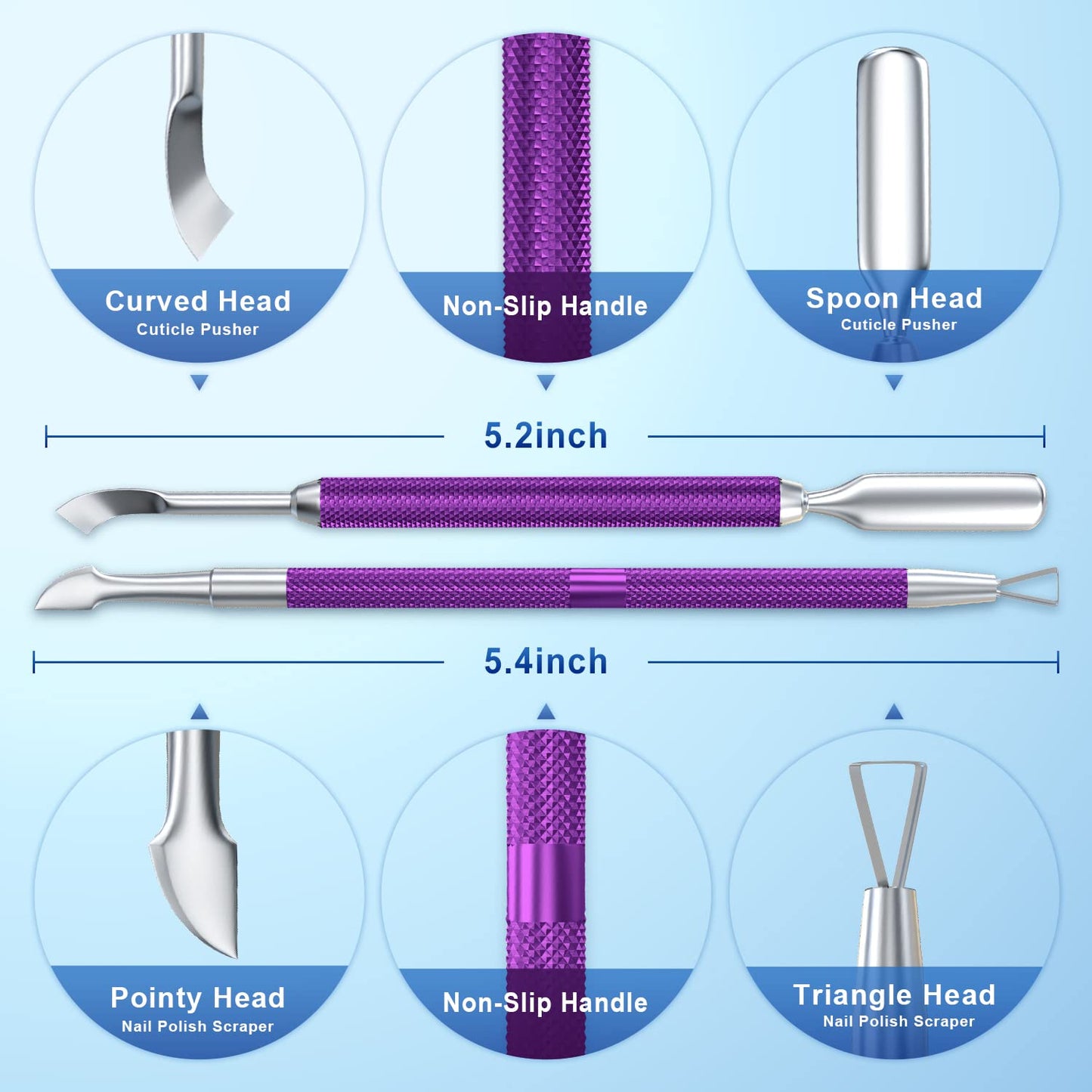 2PCS Metal Deep Purple Cuticle Pusher and Cutter Remover Salon Quality Stainless Steel Gel Nail Polish Peeler Scraper Durable Manicure and Pedicure Cleaner Tool For Fingernail and Toenail