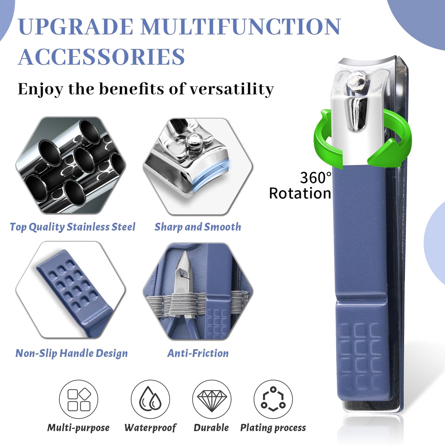 Manicure Set Professional Nail Clippers Pedicure Kit, 12 Pcs Stainless Steel Nail Care Tools Grooming Kit with Luxurious Travel Leather Case for Men Women Gift (Blue)