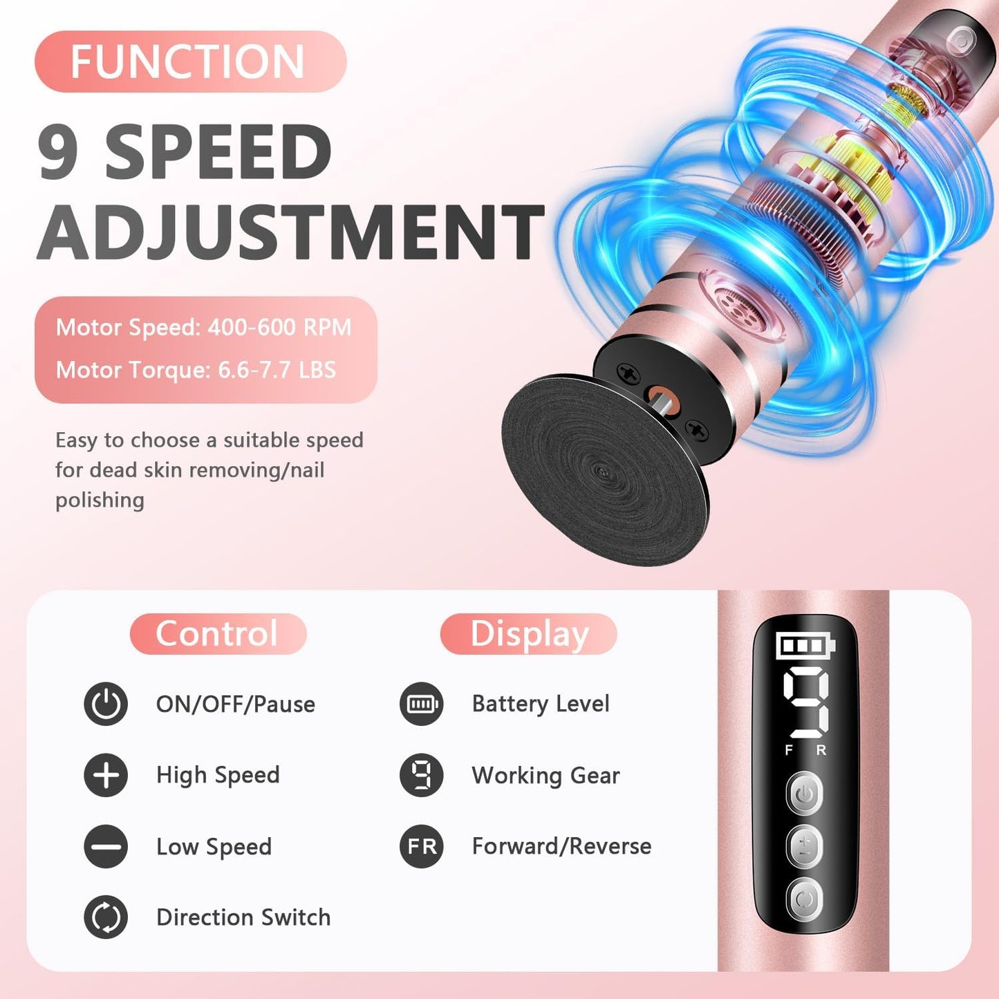 EAONE Portable Electric Foot File-Callus Remover for Feet, Professional 2 in 1 Foot/Nail Filer -Digital Display for Battery Level & 9 Speed Control-Rechargeable Pedicure Tool for Dead Skin (Rose Gold)