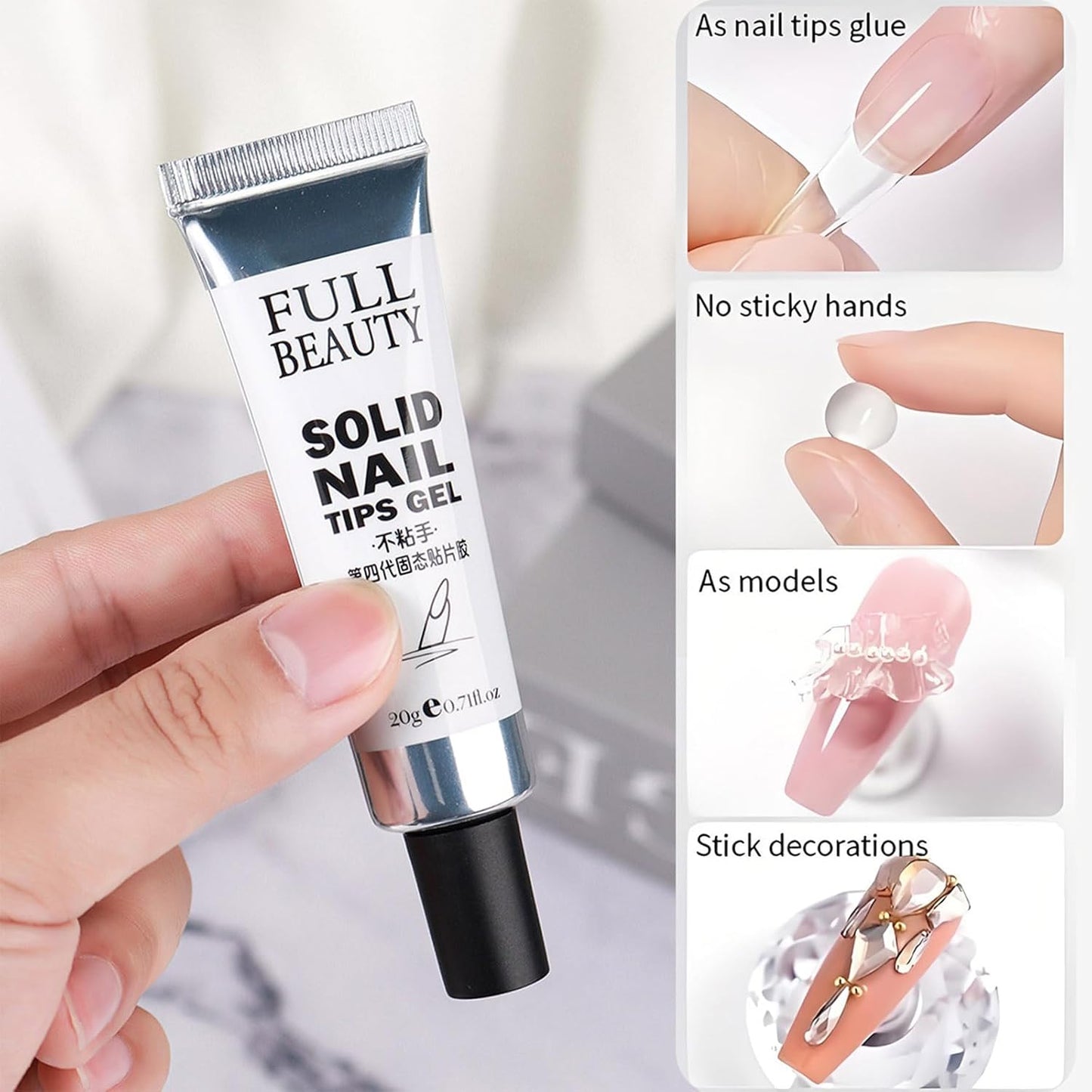Transparent Solid Nail Glue for Press Ons, Acrylic & Fake Nails, 20g Quick-Dry Strong Adhesive Soft Gel X Nail Glue, Gel Nail Polish- Long-Lasting Beauty Nail Supplies Uv Lamp Curing