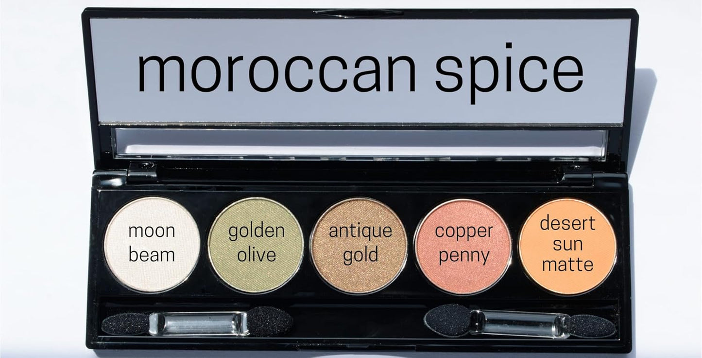 Moroccan Spice Shimmer White, Olive Green, Gold, Copper Penny Red, and Light Matte Orange Vegan Eyeshadow Palette; Talc, Paraben & Cruelty Free