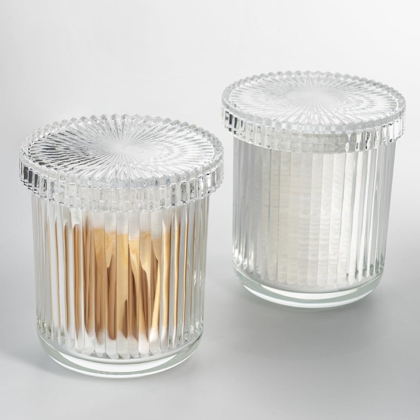 Glass Qtip Holder with Lid,Bathroom Organizer and Storage Jars - Apothecary Jars for Cotton Balls, Cotton Swabs,Pads,Floss Picks,Vanity Organizer,Bathroom Accessories and Countertop Storage Canisters