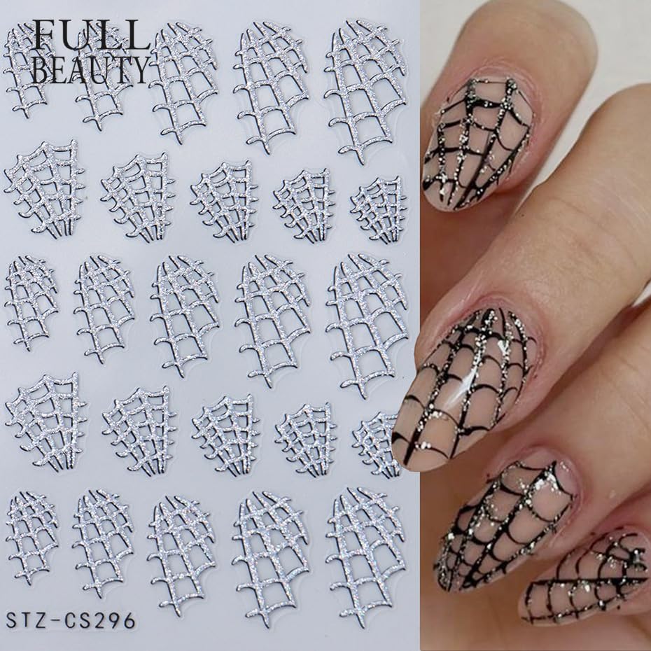 Halloween Nails Stickers Silver Glitter Web Nails Sticker 3D Embossed Glitter Web Self Adhesive Sticker Nail Decals Silver Webs Nail Art Decal Halloween Decals for Nail DIY Manicure 4Sheet