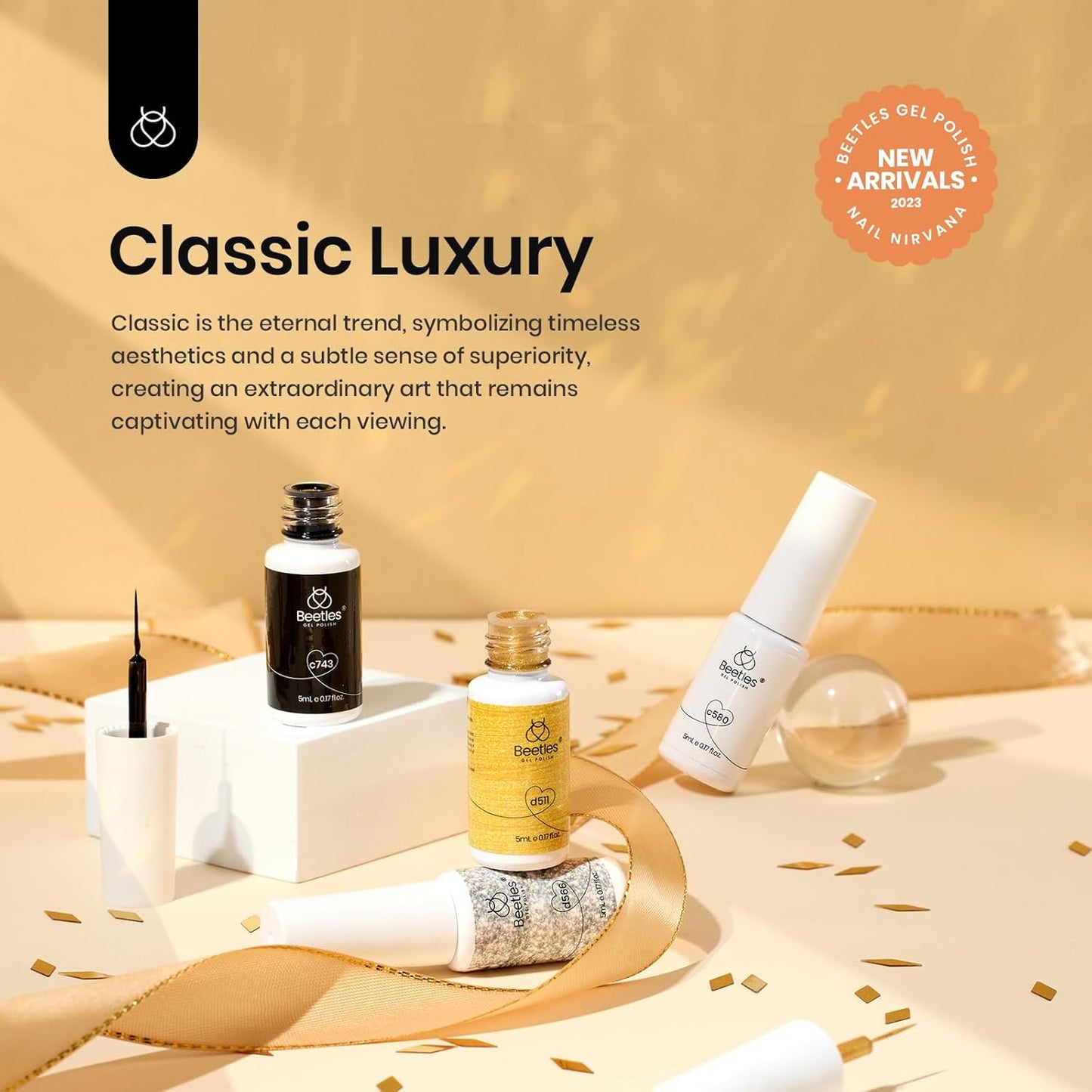 beetles Nail Art Liner Gel Polish Set, 4 Pcs Neutral Classic Glitter Reflective Colors Swirl Manicure Design Shiny Gold Silver Black White Decoration Holiday Party Gifts for Women Girls