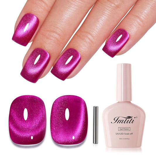 Imtiti Cat Eye Gel Nail Polish, Hot Pink Holographic Magnetic Crystal Nail Gel Polish With Magnet Glittery Galaxy Spring Summer Kit Soak Off UV Led 10ML