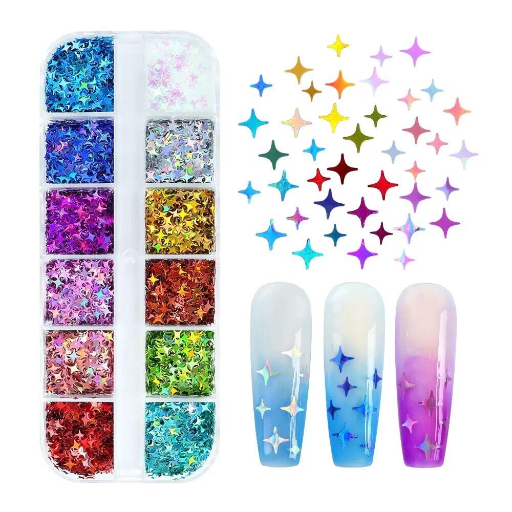 Star Glitter Nail Sequins, 3 Boxes Holographic Star Nail Art Flakes Red Blue Glitter Sticker Decals Independence Day Nail Sequins Manicure DIY 4th July Decorations 36 Styles