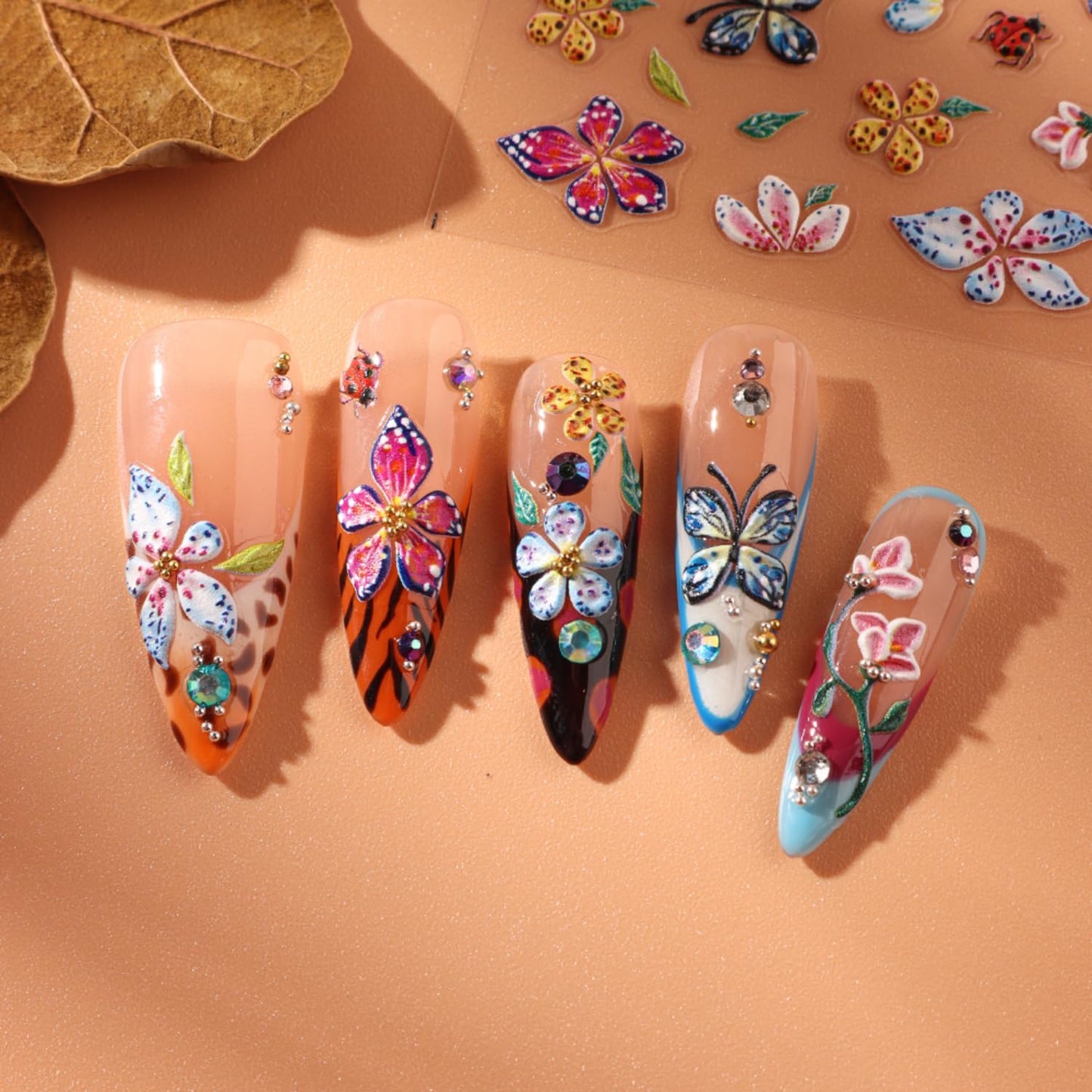 Stickers para Uñas Nail Stickers Self-Adhesive Sticker Colorful 3D Wild Flower Embossed Calcomanías para Uñas Floral Art Design Accessories Hight Quality 4 Sheets