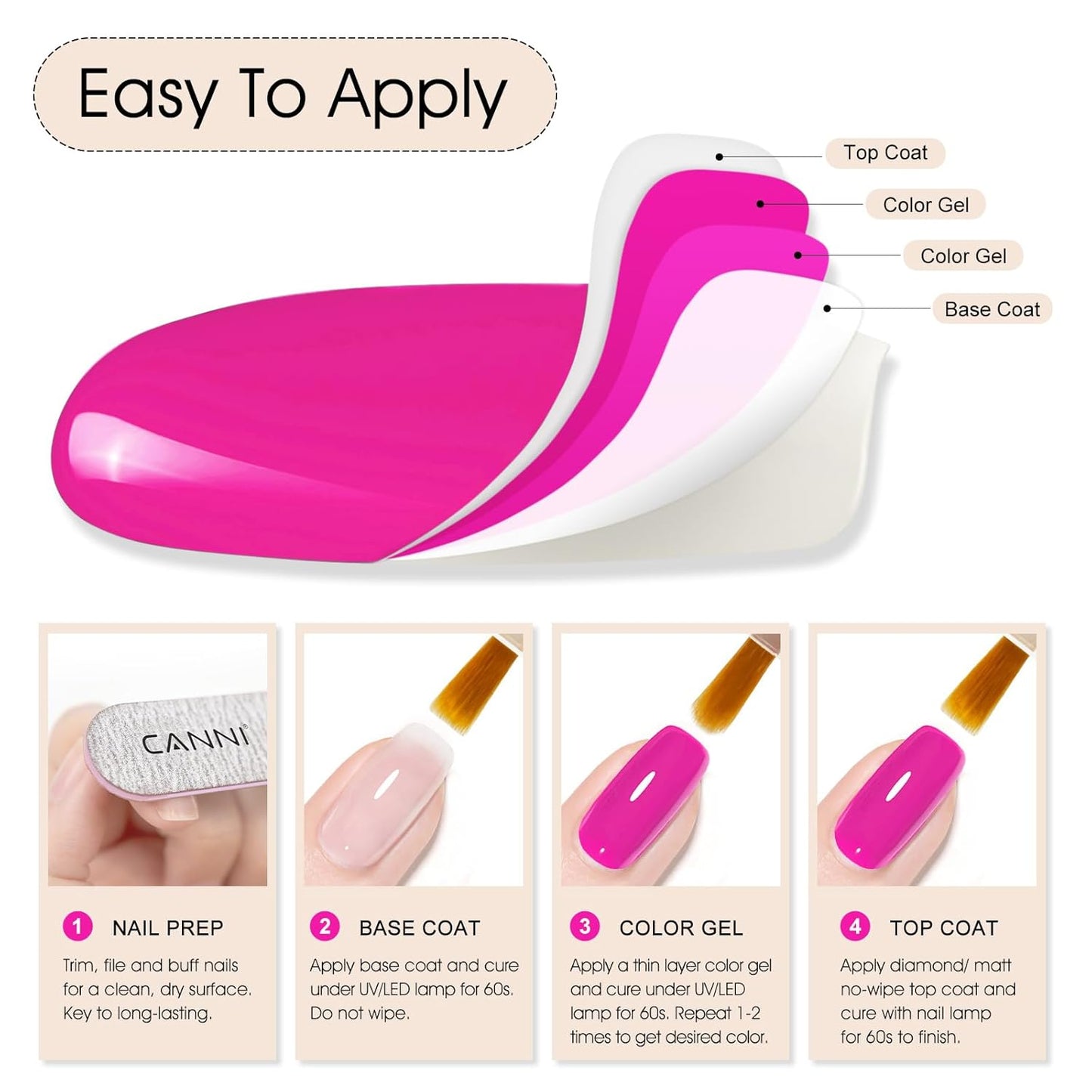 CANNI Hot Pink Nail Gel Polish, 1Pcs Bright Coral Pink Cerise Color High Gloss Soak Off UV Gel Nail French Nail Manicure Salon DIY