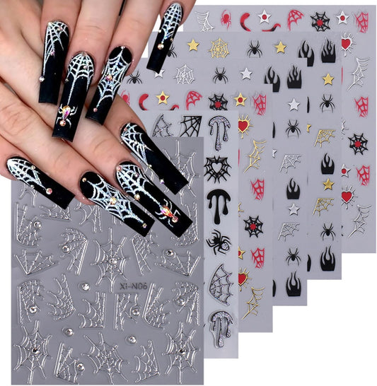 6 Sheets Spider 3D Self-Adhesive Gold Silver Red Web Star Design Decals for Women Halloween, Holiday & More: French Nail Art Supplies & Rhinestones Nail Art Charm