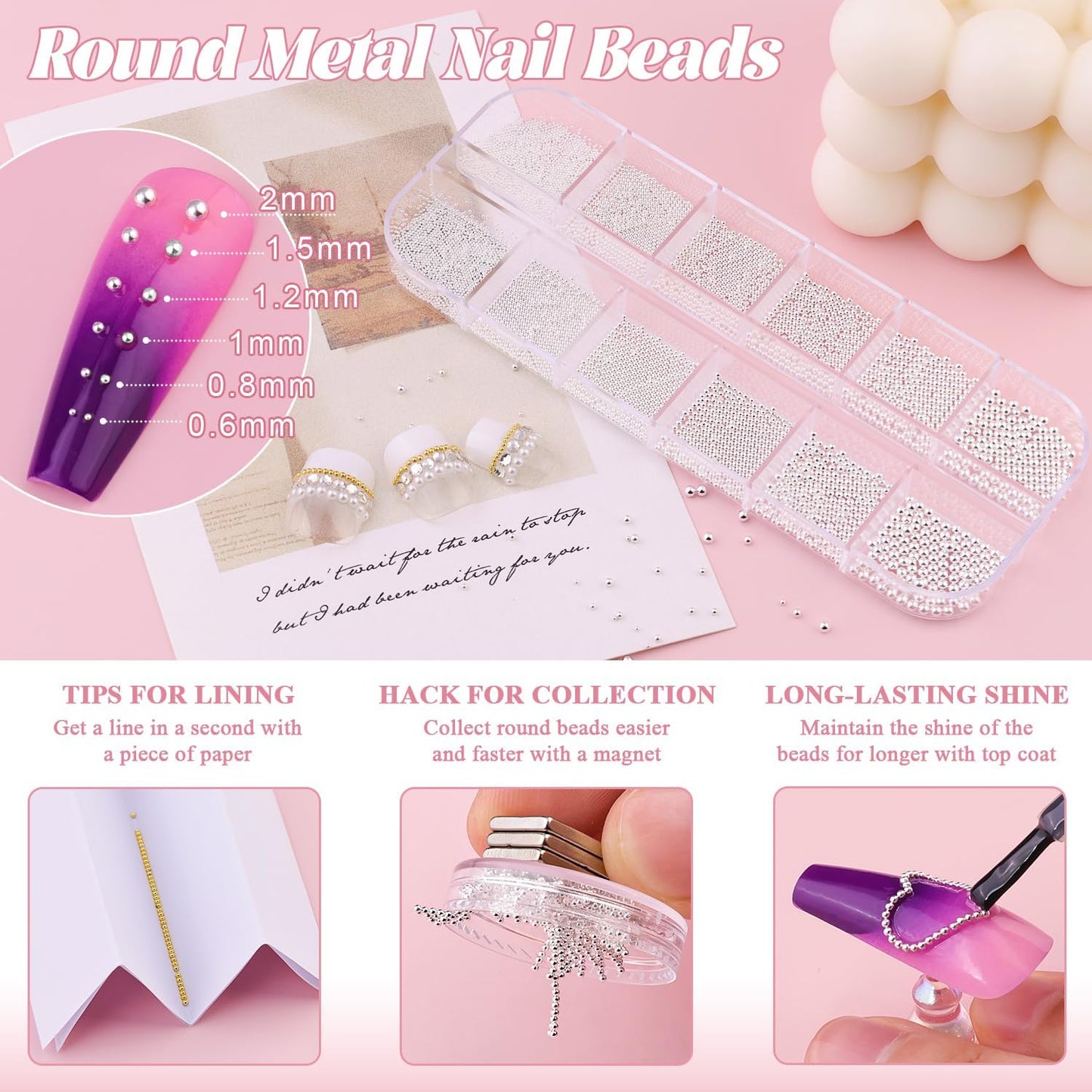 2 Boxes Flatback Pearls (White) and Metal Beads (Silver) for Nail Art, Luxurious Pearl Charms and Small Round Caviar Beads Accessories for Acrylic Tips Manicure Decor