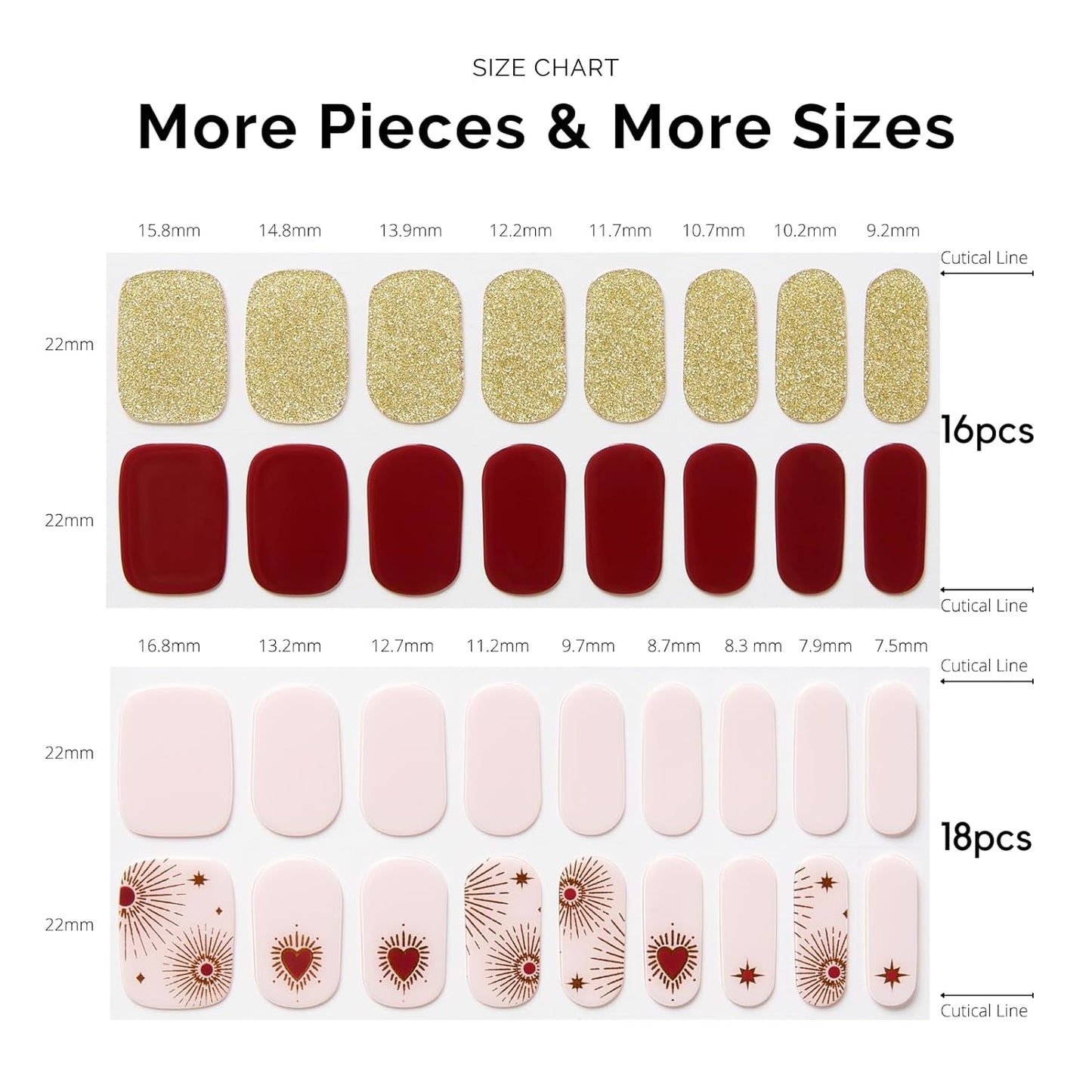 Semi Cured Gel Nail Strips - NAILOG 34 Pcs Red Brown Gold Glitter Nail Stickers Extra Long Wraps with Glossy Gel Finishing for Autumn Winter, My Queen