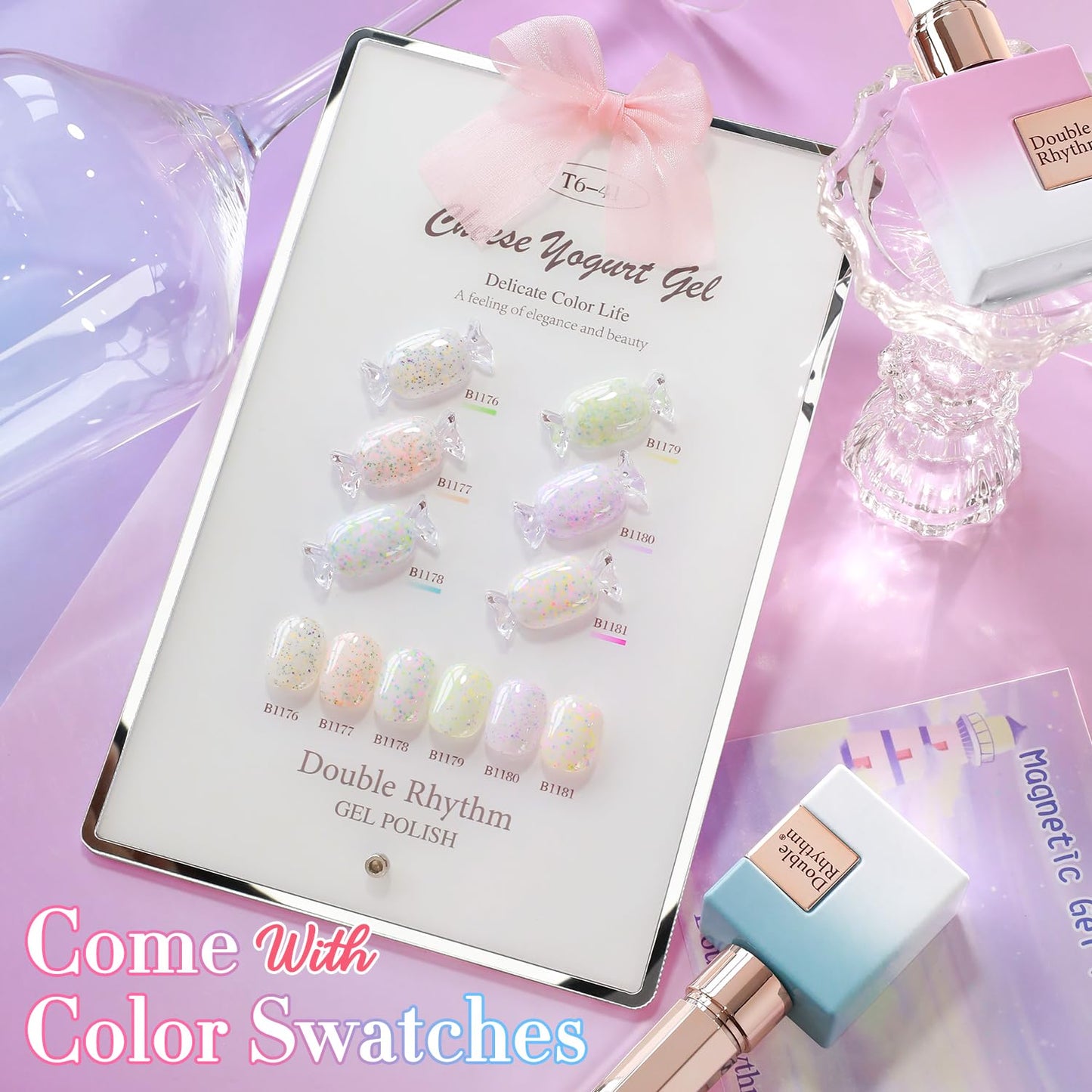 Double Rhythm 0.5 Oz Glitter Gel Polish Set of 6 Color with Display Borad 15 ml Full Size Kit Shimmer Reflective Sparkle Soak Off Manicure Salon DIY at Home (Eggshell Green Purple Colorful Dots-T6-41)