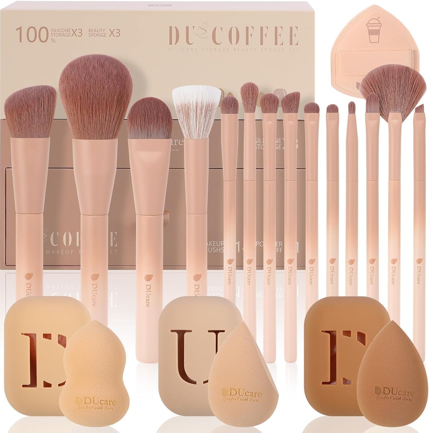 DUcare Makeup Brushes Set 14Pcs Coffee Series Makeup Brush set with Makeup Sponges Gifts Foundation Blending Face Powder Blush Eye Shadows Brushes